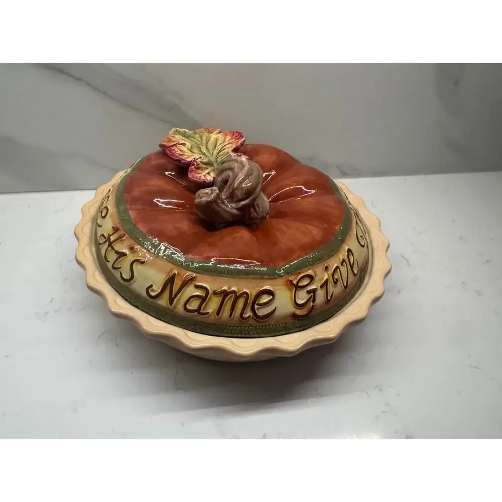 Vintage 10” Ceramic Pumpkin Covered Pie Dish with Lid Fall Thanksgiving